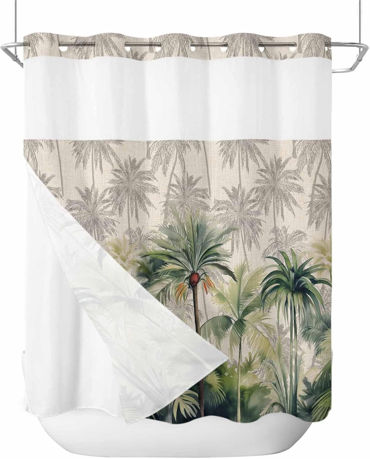 No Hook Summer Tropical Leaves Shower Curtain with Snap in Liner Set, Green Palm Trees Botanical Waterproof Fabric Bathroom Curtains with See Through Top Window, Standard 72 x 72 Inch