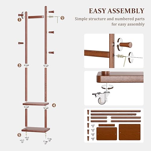 Miniatura 7 de Perchero independiente con ruedas y 2 estantes de almacenamiento y 5 ganchos, resistente perchero de madera, soporte de árbol, perchero para colgar