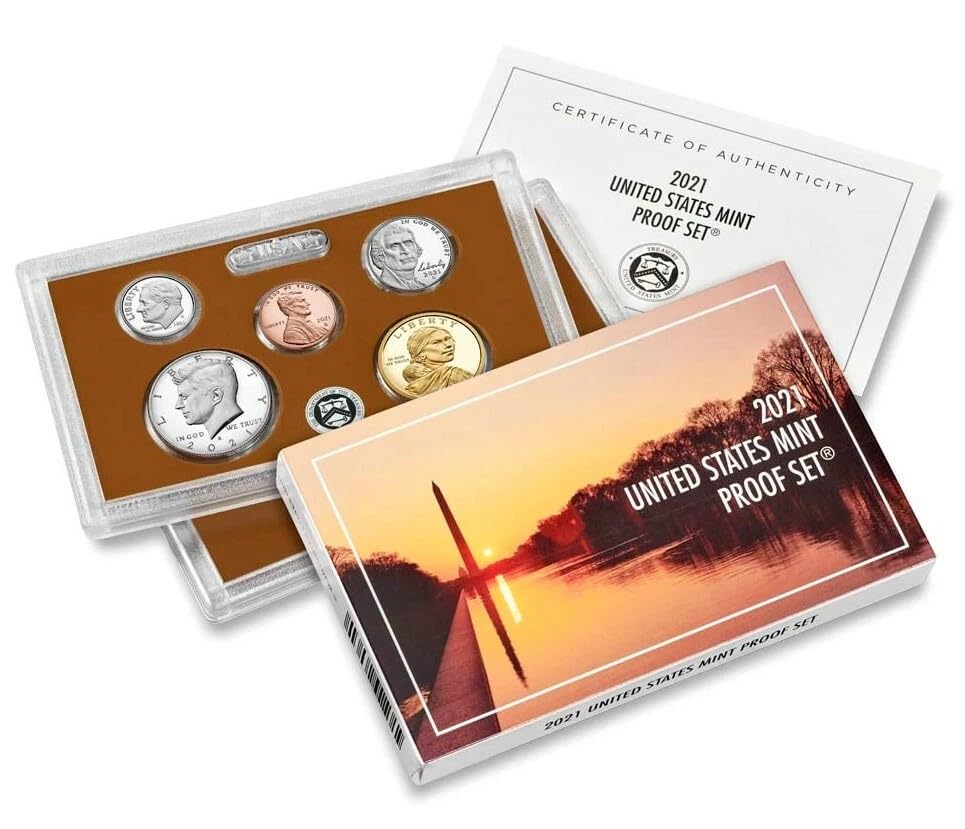 United States Mint 2021 Proof Set with Certificate of Authenticity, 7 Coins in Display Case, Official US Commemorative Collection