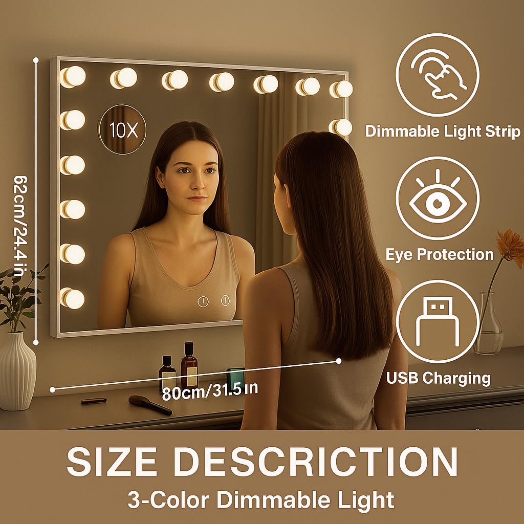 Espejo Tocador 80x62cm con Luz Regulable y Control Táctil, Espejo Maquillaje con Espejo de Aumento 10X Desmontable e Instalación en Pared o sobre Mesa (17 Bombillas LED) | 3 colores de luz, control táctil, 17 bombillas LED, USB y USB-C, espejo de mesa o p