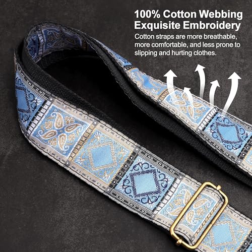Image of Nefelibata Guitar Strap,Crazy Horse Leather Jacquard Embroidery Cotton Guitar Straps for Bass, Electric & Acoustic, Best Gifts for Guitarists(Boho Light Blue Chequered)