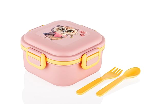 ATTRO Quick Bite Owl Love LUN Box with 3 Compartment Fork & Spoon BPA Free Food Grade Ideal for Kids School, Picnic & Outdoor- 800ml Peach, Plastic