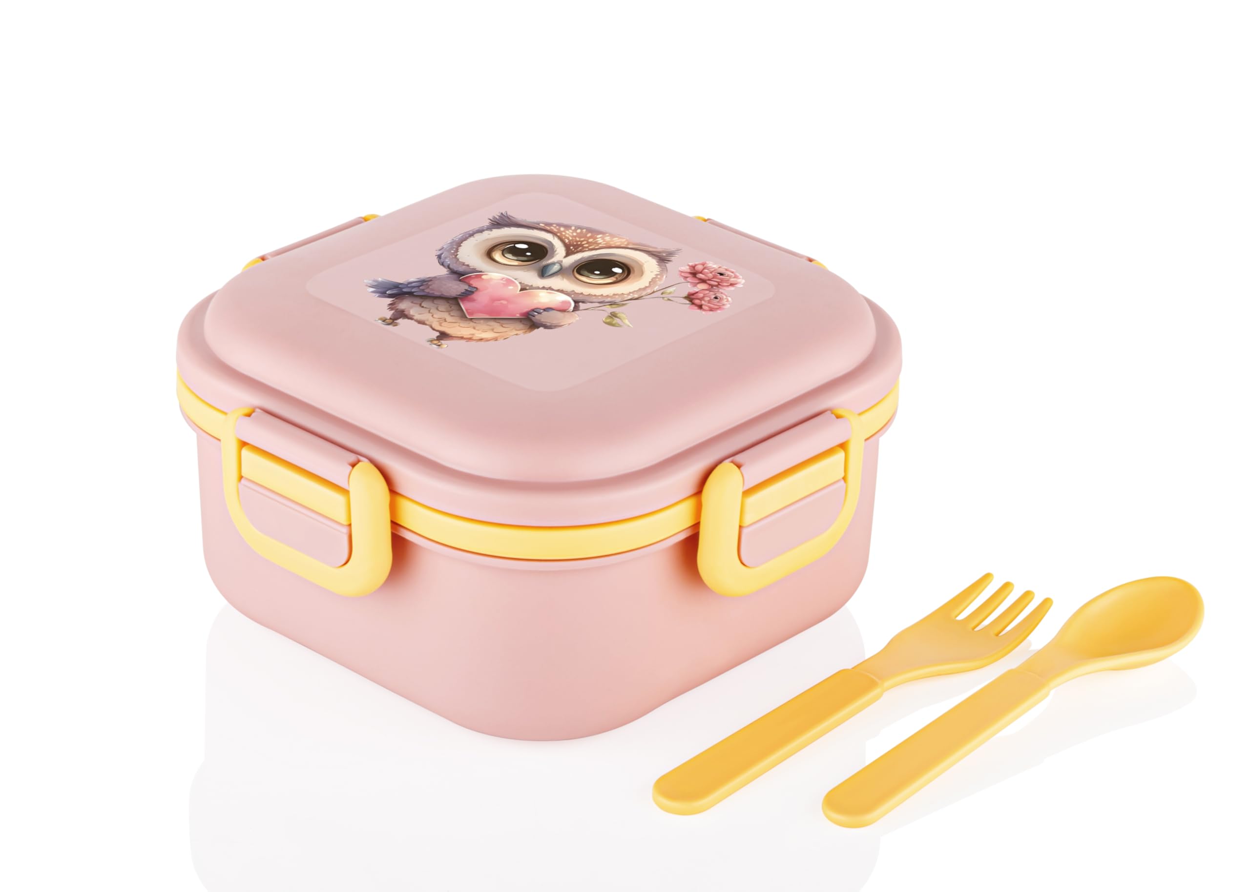 ATTRO Quick Bite Owl Love LUN Box with 3 Compartment Fork & Spoon BPA Free Food Grade Ideal for Kids School, Picnic & Outdoor- 800ml Peach, Plastic-image-29