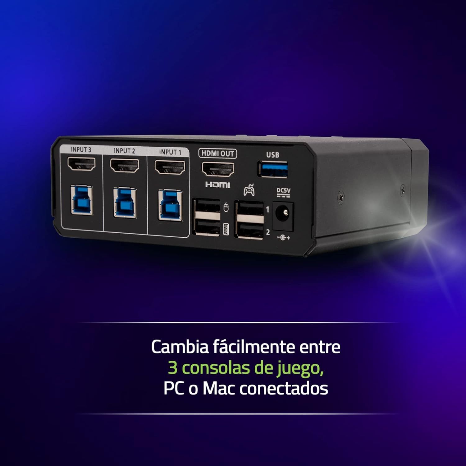 IOGEAR Keymander Nexus Gaming KVM Switch, 3 Consolas o PC comparten Teclado, Mouse y un Monitor, HDMI 4K a 60 Hz, DAC para Juegos Integrado, Audio de 3,5 mm, iluminación RGB Personalizable, USB 3.0