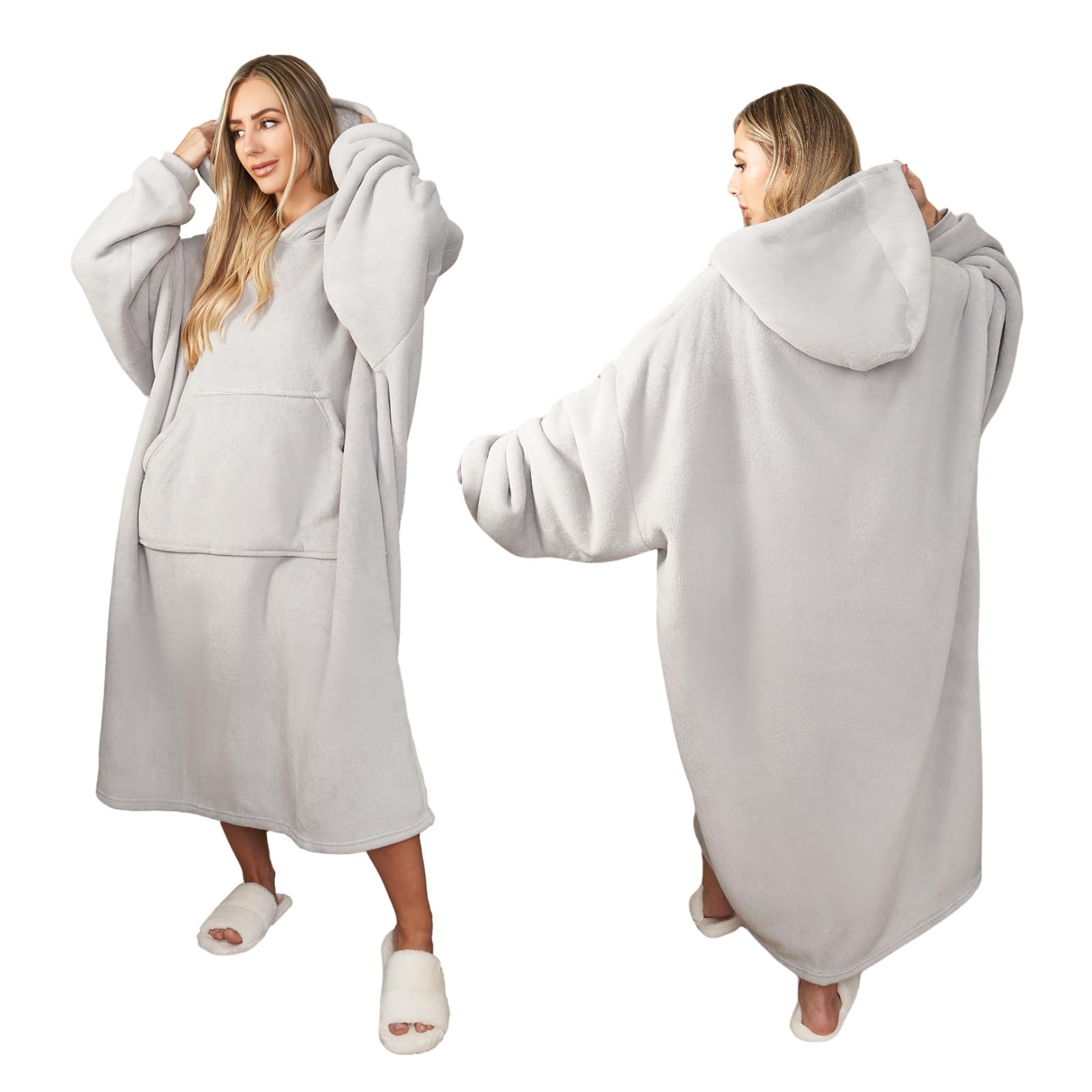 Sienna Men's Silver Extra Long Oversized Blanket Hoodie Wearable Throw With Pockets Sleeves Soft Sherpa Fleece Wearable Throw Giant Sweatshirt, Grey