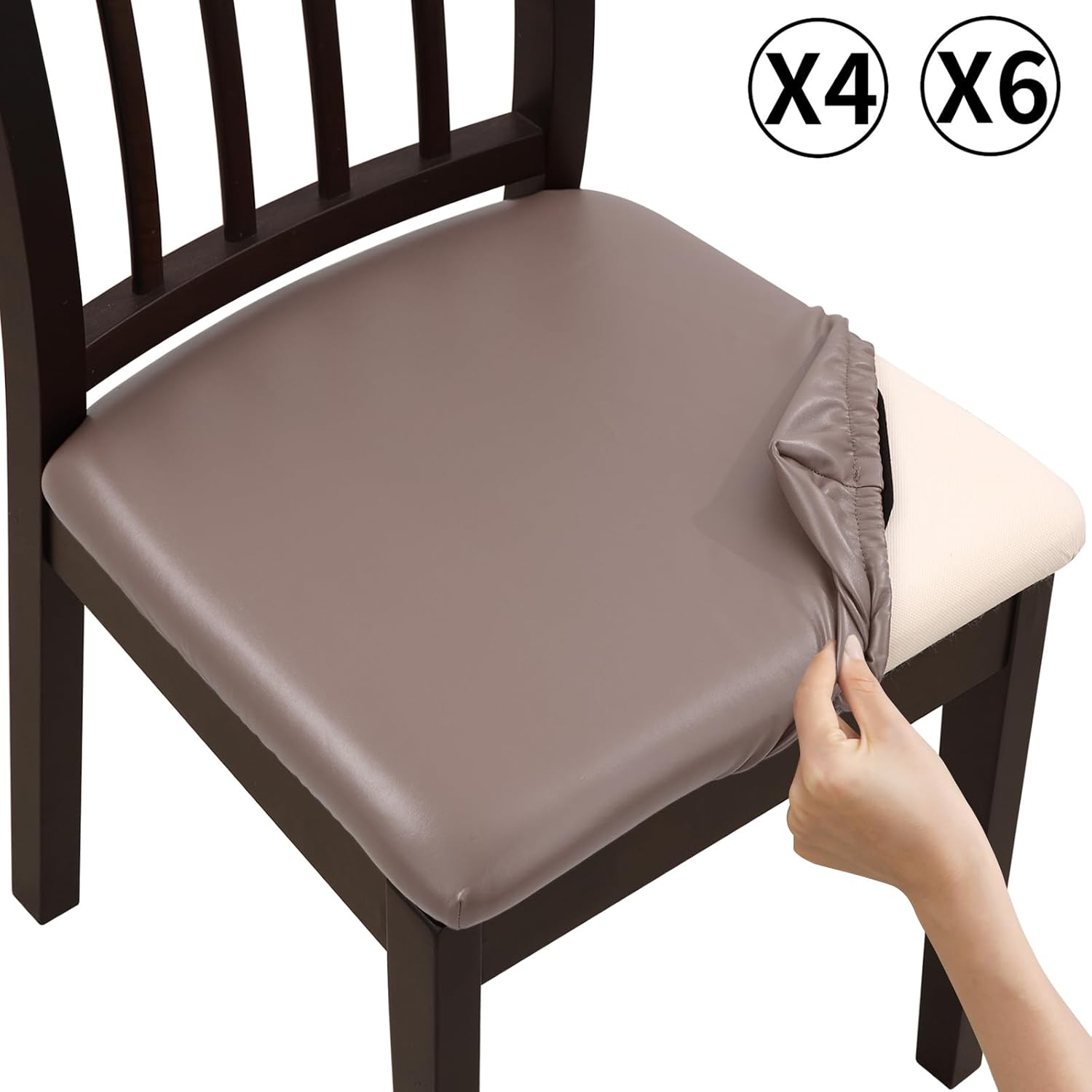YISUN Waterproof Chair Seat Covers Set of 6, Pu Leather Dining Room Chair Covers, Stretch Chair Cover for Dining Room Chair Protector Slipcover for Kitchen, Hotel (6, Pu Dark Tan)
