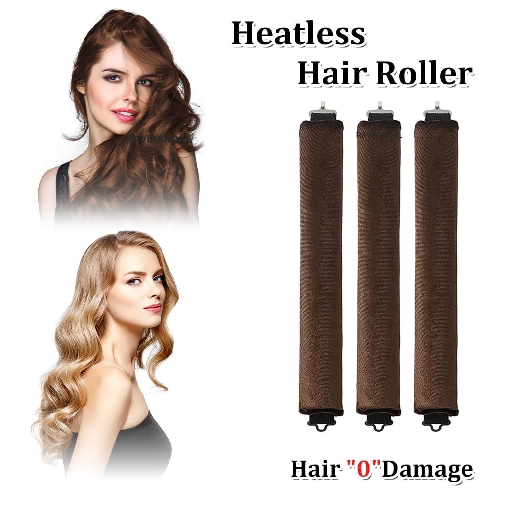 RAVIRANDAL Heatless Hair Curler, Flexible Curling Rod with Hook, Satin Rollers for All Hair Types, No Heat Curls to Sleep for Curl Rods, Heatless Curls for Blowout Hair, Brown 3