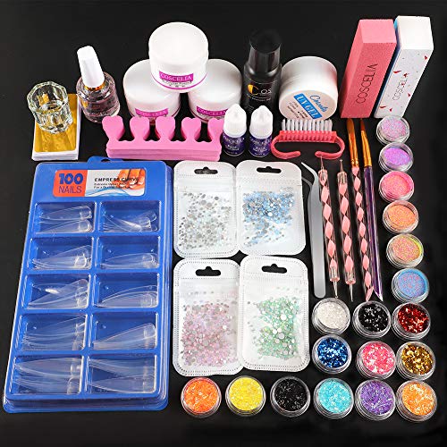 Acrylic Nail Kit,Pink White Clear Acrylic Powder and Liquid Set, False Nail Tips Acrylic Painting Brush Manicure Tools Set Nail Art Glitter Powder Rhinestones