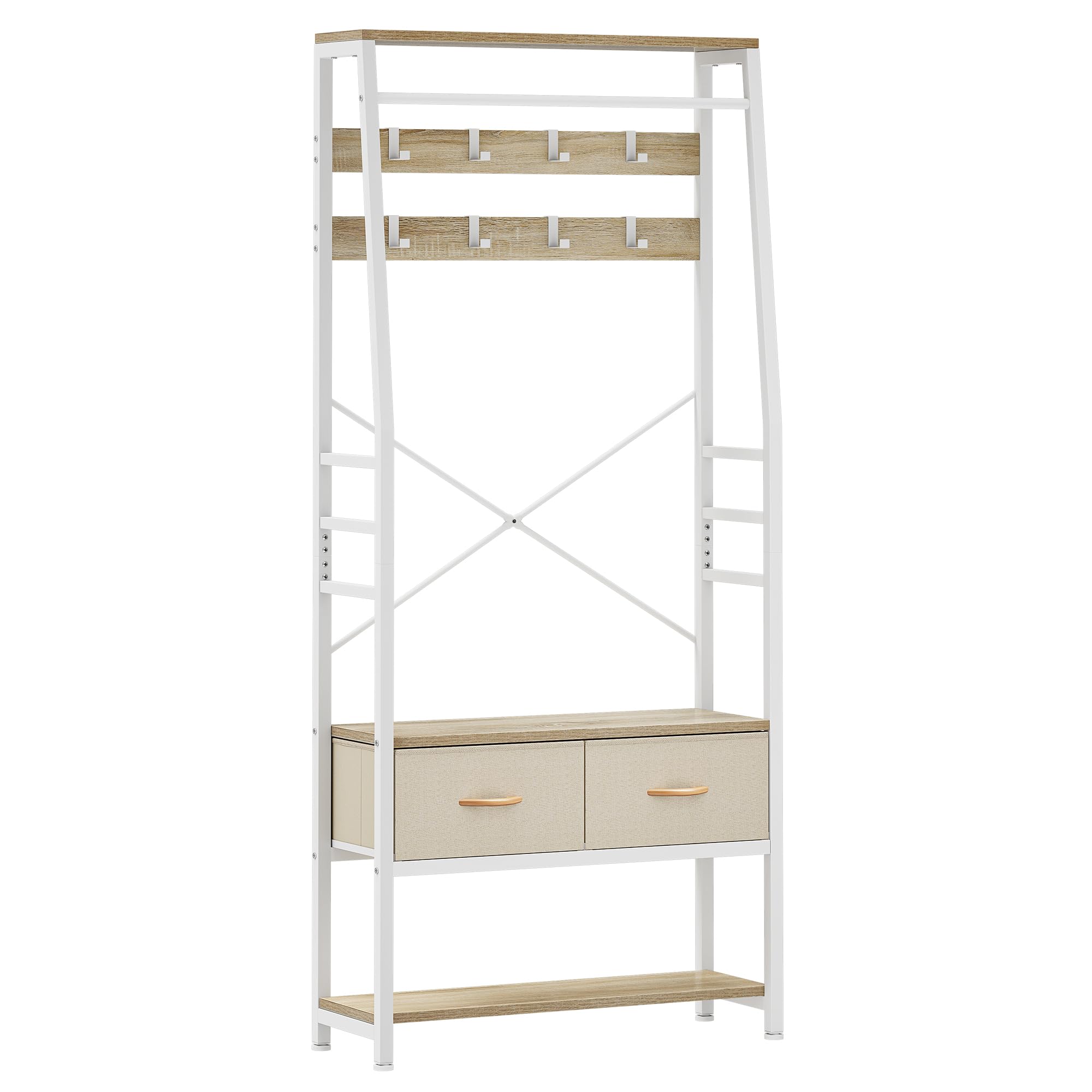 YITAHOME Appendiabiti, Attaccapanni da Ingresso 6 in 1 con 2 Cassetti, Porta Abiti da Terra con Vano Portascarpe, Asta Appendiabiti in legno e Metallo, per Soggiorno Ingresso, Bianco e rovere