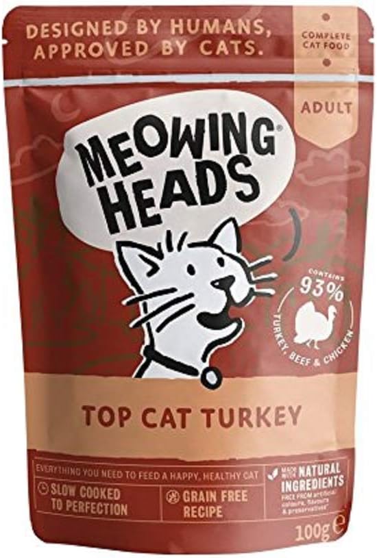 Meowing Heads Wet Cat Food - Top-Cat Turkey - 93% Natural Turkey, Chicken & Beef Pouches with No Artificial Flavours, Grain-Free Recipe (10 x 100g)