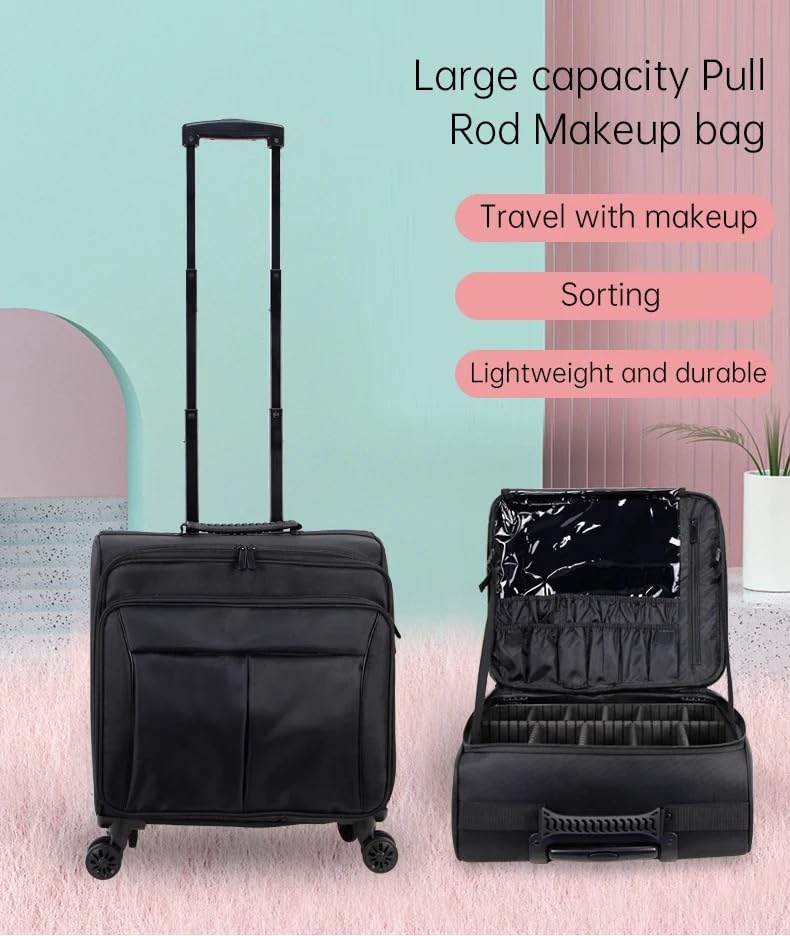 Image of Adson Multifunctional Professional Beauty Makeup Artist Rolling Cosmetic Aluminium Vanity Trolley Beauty Train case Makeup Cosmetic Trolley Hairstylist Travel Organizer (Midnight Black)