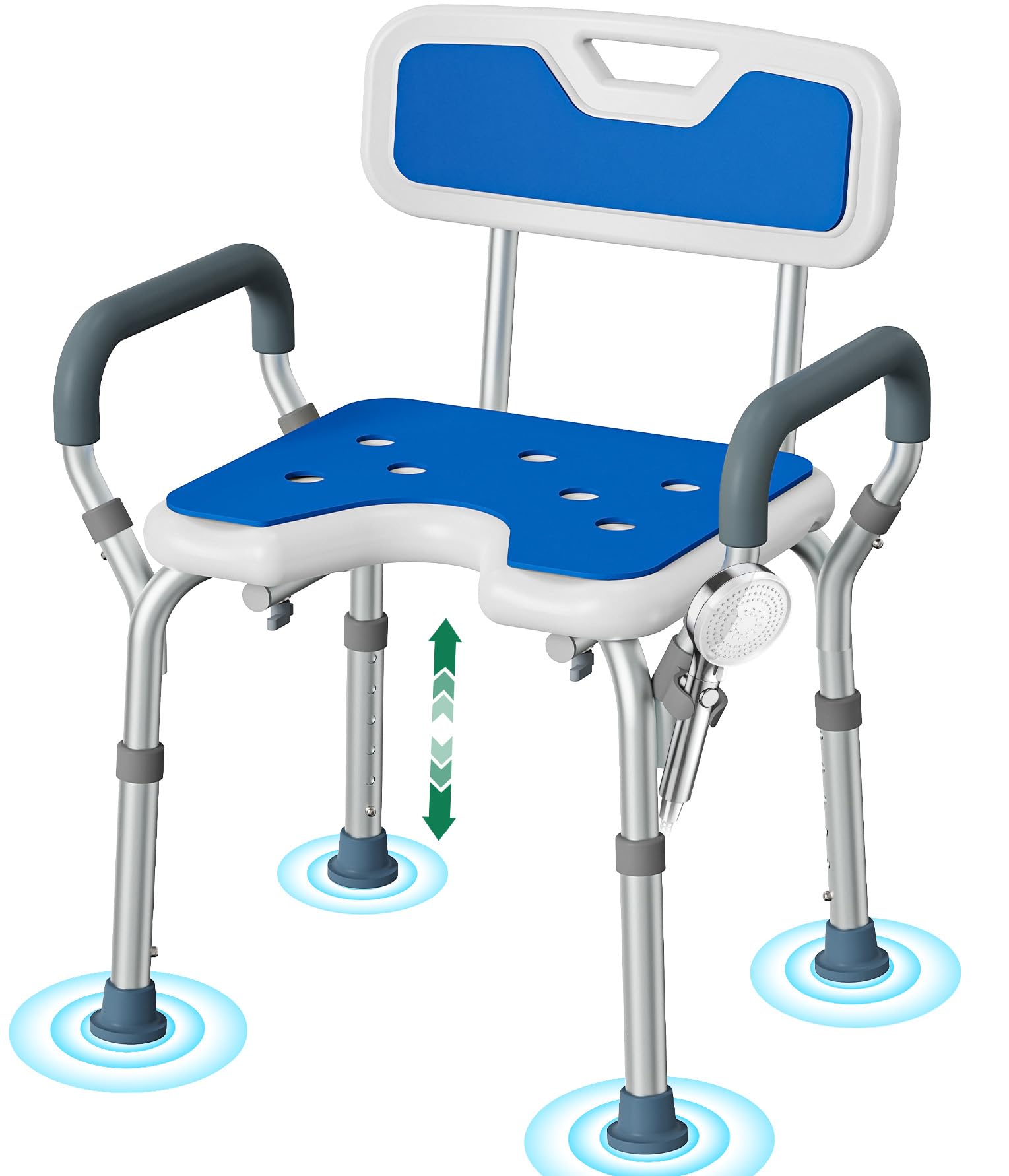 Sgabello da Doccia con Braccioli e Altezza Regolabile – Sedia Antiscivola a Forma di U con Schienale Imbottito, Leggero Sgabello per Bagno per Anziani, Disabili e Dopo Intervento Chirurgico
