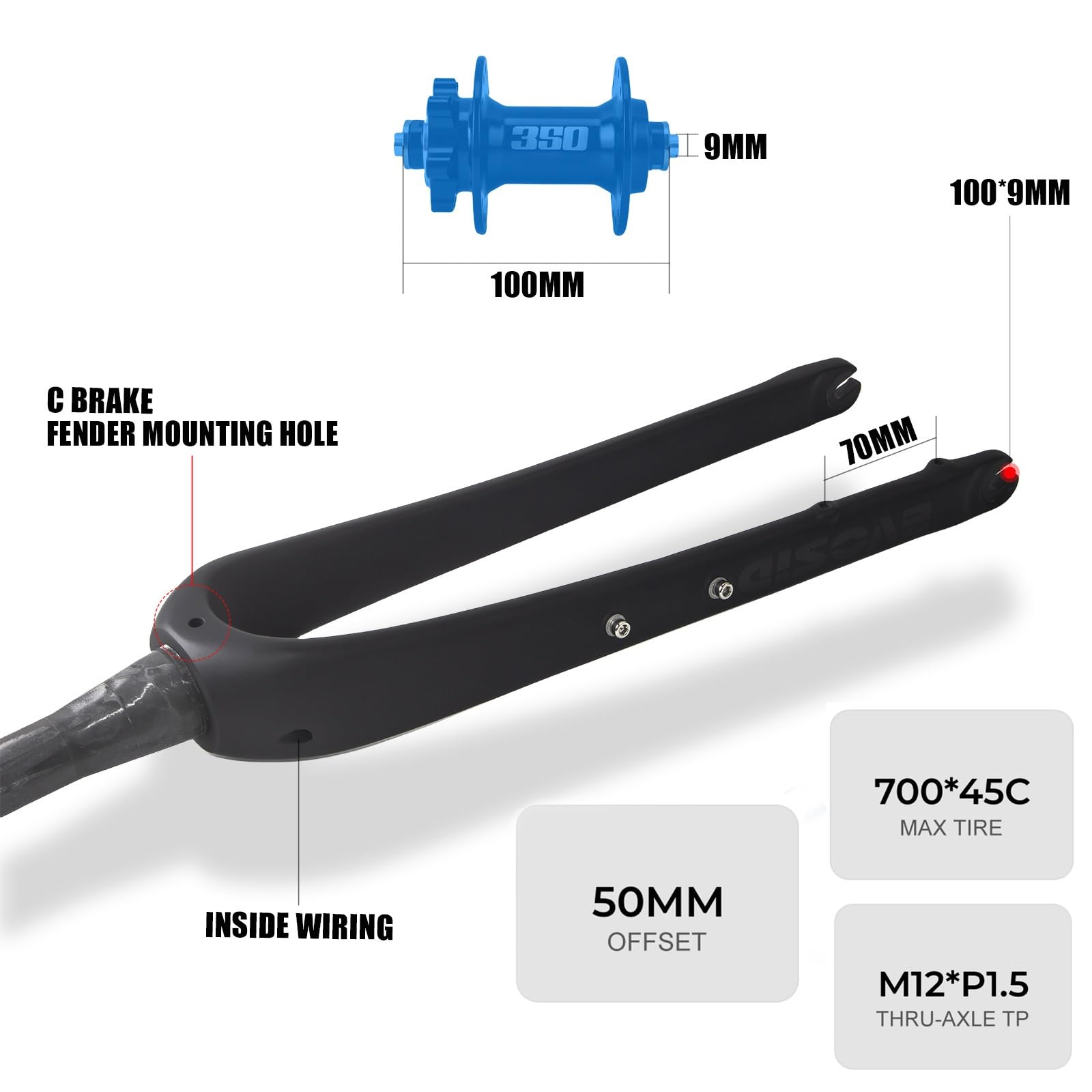 Gravel-Gabel 700C Vollcarbon-Rennrad-Starrgabel QR 9mm/100 * 12mm Steckachse Superleichte Scheibenbremse vorne Hart