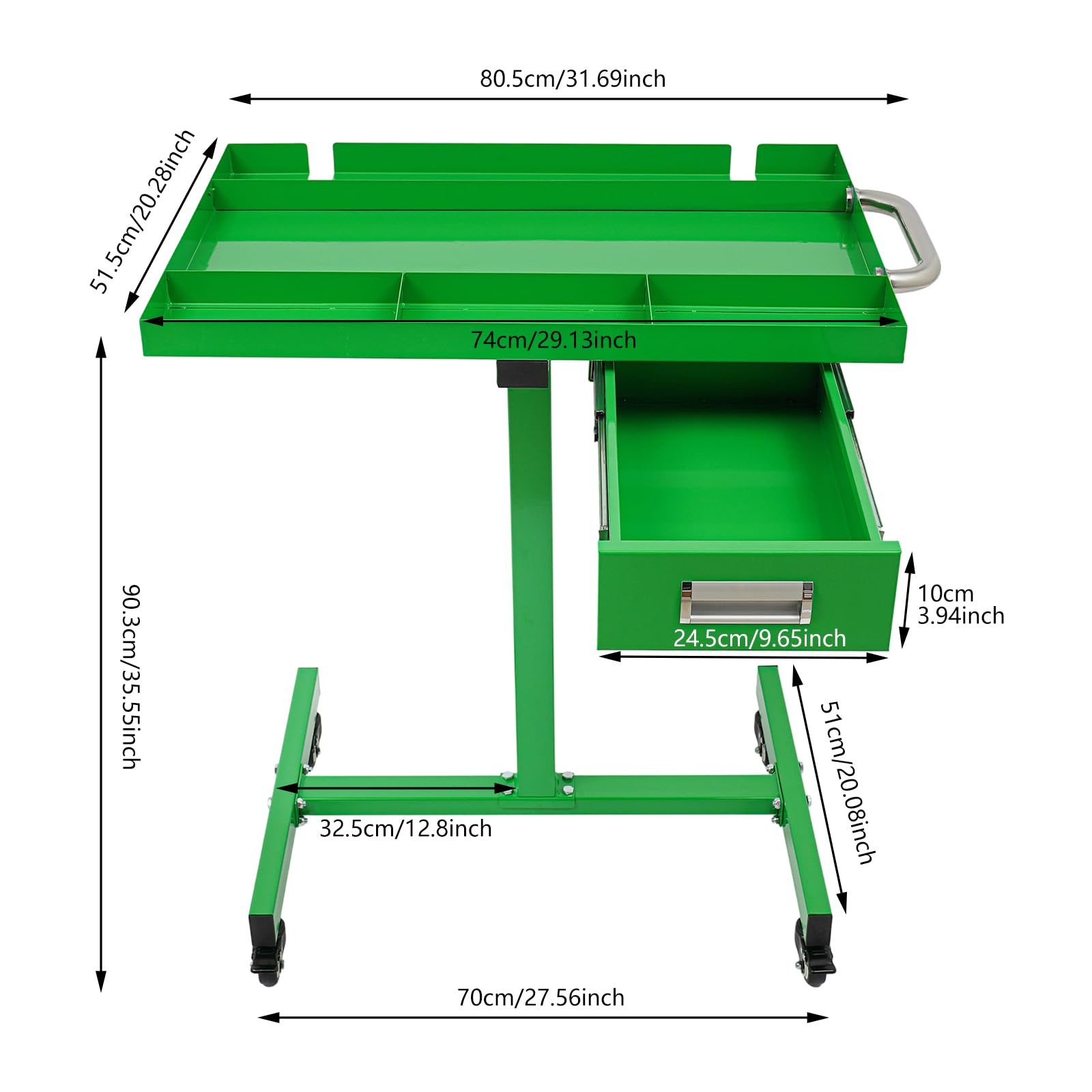 Carrello portautensili con cassetto e scomparti – Tavolo da lavoro mobile per garage e officina, portata 100 kg, 4 ruote freno, verde