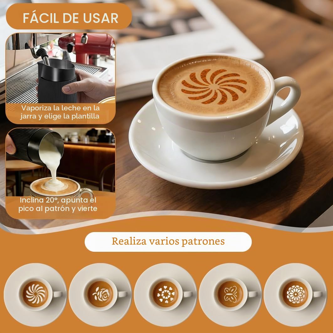 Taza Jarra Leche 420 ml de Acero Inoxidable 304 con Pico de Pato Inclinado Jarra para Latte Art Jarra Cafe Lechera con Mango Antideslizante con 5 Plantillas para Capuchino Espresso Latte Cafe