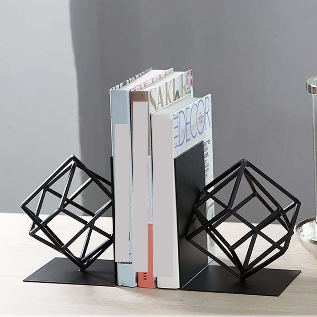 Bücherregal-Dekor-Buchstützen, Buchstützen für Regale, einzigartiges geometrisches Design, Buchstützen, dekorative Metall-Buchstützen, 1 Paar (schwarz) Buchstützen dekorativ