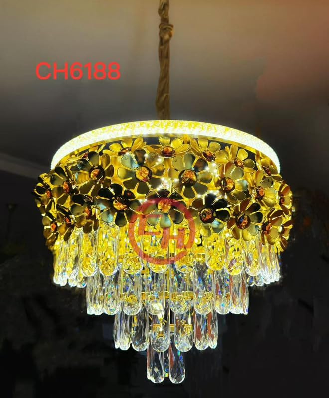 Image of Luxury Flower Crystal Chandelier - 400mm Gold Finish with LED Lighting Gold Fixtures 16 inch Round, Stainless Steel Tube Crystal Golden Finish Exqusite Design Pendant for Home and Office