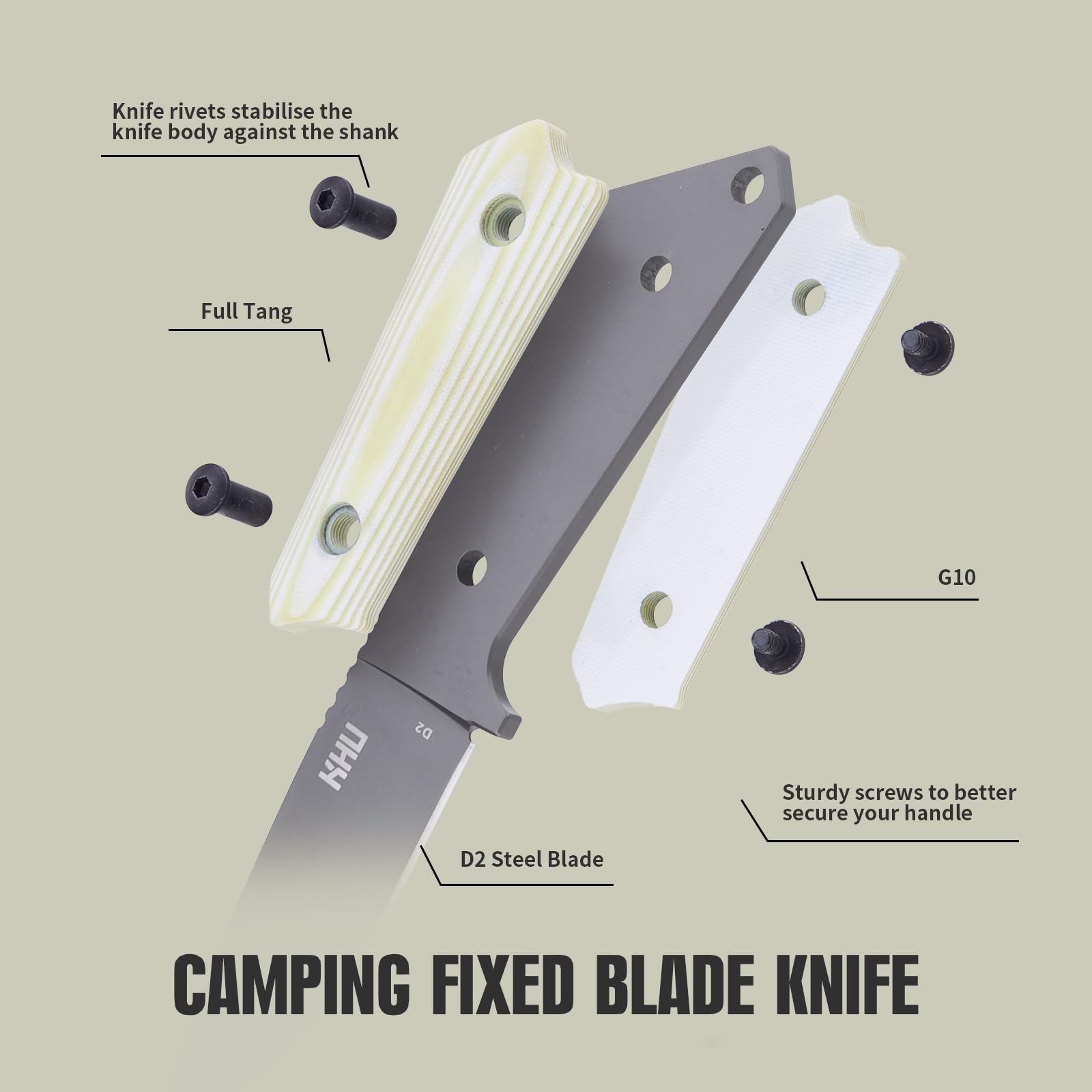 KHU Cuchillo Hoja Fija, Cuchillo Supervivencia Cuchillo Caza Cuchillo Bushcraft D2 Acero Mango de G10, Outdoor Caza Camping Accesorios - Funda Kydex - 29A