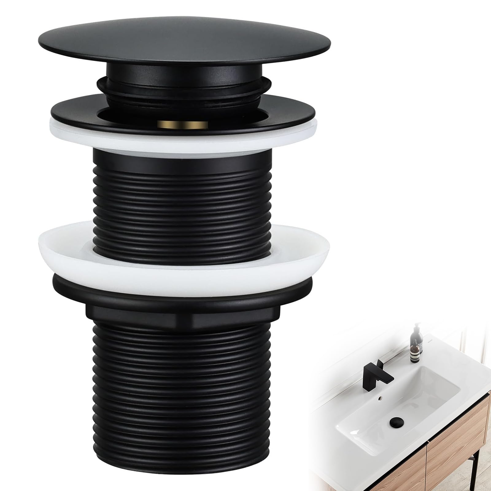 Wjelet Bathroom Sink Pop Up Drain Plug,Modern Black Waste Sink Plug Drain without Overflow for Bathroom Basin, Vessel Sinks (Black)