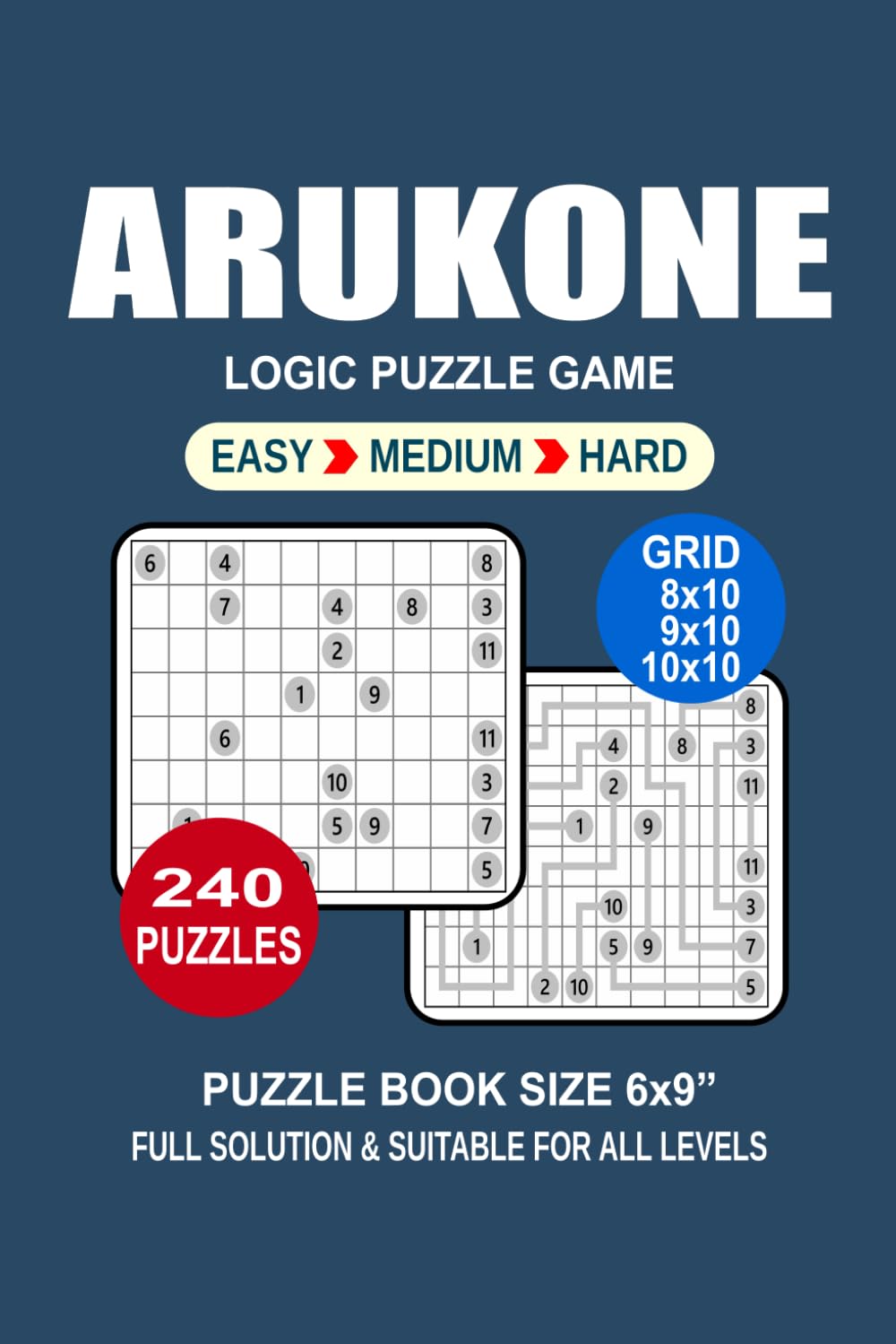 Arukone Puzzle Book For Adults: 240 Puzzles Arukone Great Logic Puzzle Game For Adults Seniors and Teens 3 Levels: Easy Medium and Hard Portable size 6x9 Inches.