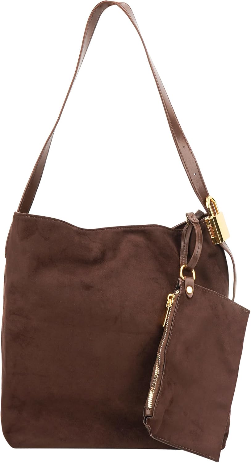 Suede Hobo Bag for Women - Soft Faux Leather Bucket Tote with Matching Zipper Clutch, Slouchy Shoulder Handbag for Work, Travel & Fall Fashion (Coffee Brown)