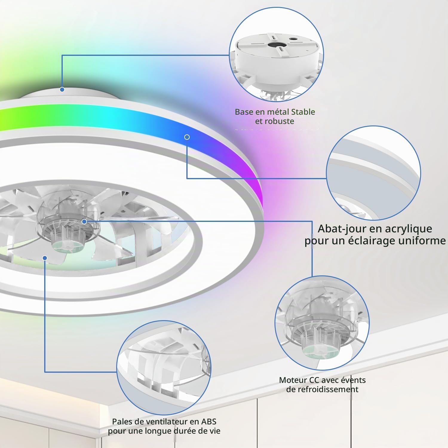 Bowfar Ventilateur Plafond avec Lumiere Ø42cm, 3000K-6500K+RGB Plafonnier Ventilateur Silencieux Chambre, 6 Vitesses de Ventilation Réglables avec Télécommande, Minuterie, Ventilateur Réversible