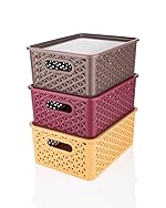 Multipurpose 3 Pcs Kitchen Storage Basket with Lid | Strong Plastic Material & Side Grip| for Fruits, Vegetables,Magazines, Cosmetics,Kitchen Tool (Multi)