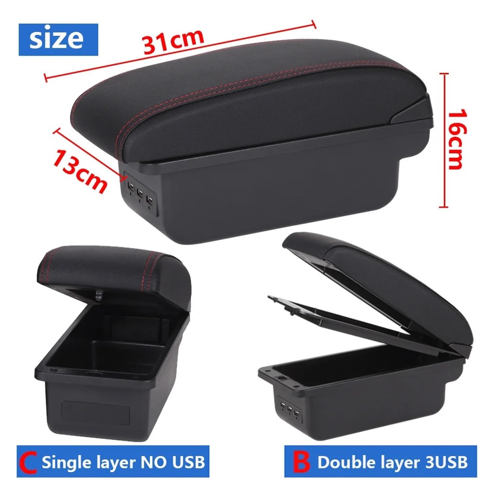 pour Peugeot 2008 208 2019-2022 2023 2024 2025 Accoudoir Voiture Pièces Rénovation Détails Intérieurs Accessoires Boîte Rangement Accoudoir Central(C Black Red NO USB)
