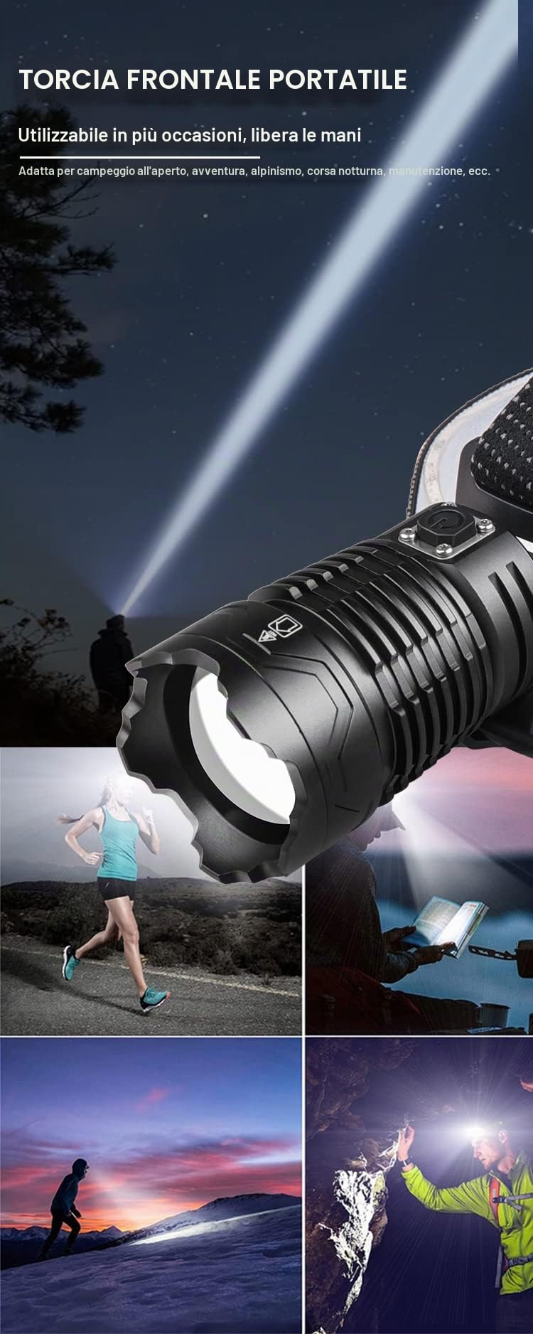 WINDFIRE Torcia frontale a LED ricaricabile USB, 500000 lumen super luminosa con 4 modalità e lampada frontale impermeabile IPX6, torcia frontale regolabile a 90° per campeggio all'aperto,ciclismo