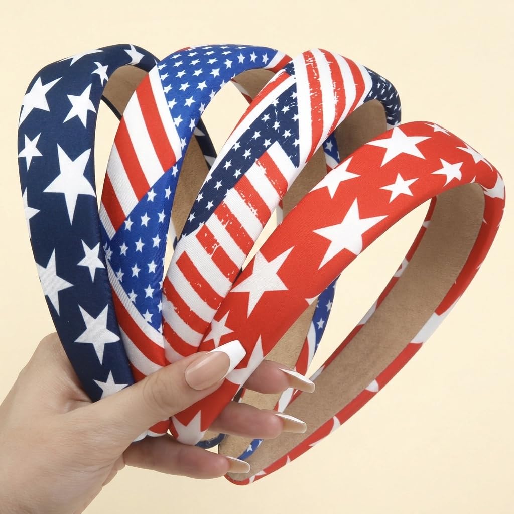 Huachi 4th of July Headbands for Women Non Slip, American Flag Headbands for Women’s Hair 1 inch Wide, Red White and Blue Hair Accessories, Patriotic Head Bands Cute USA Headband for Girls 4PCS Red White and Blue Headbands Set