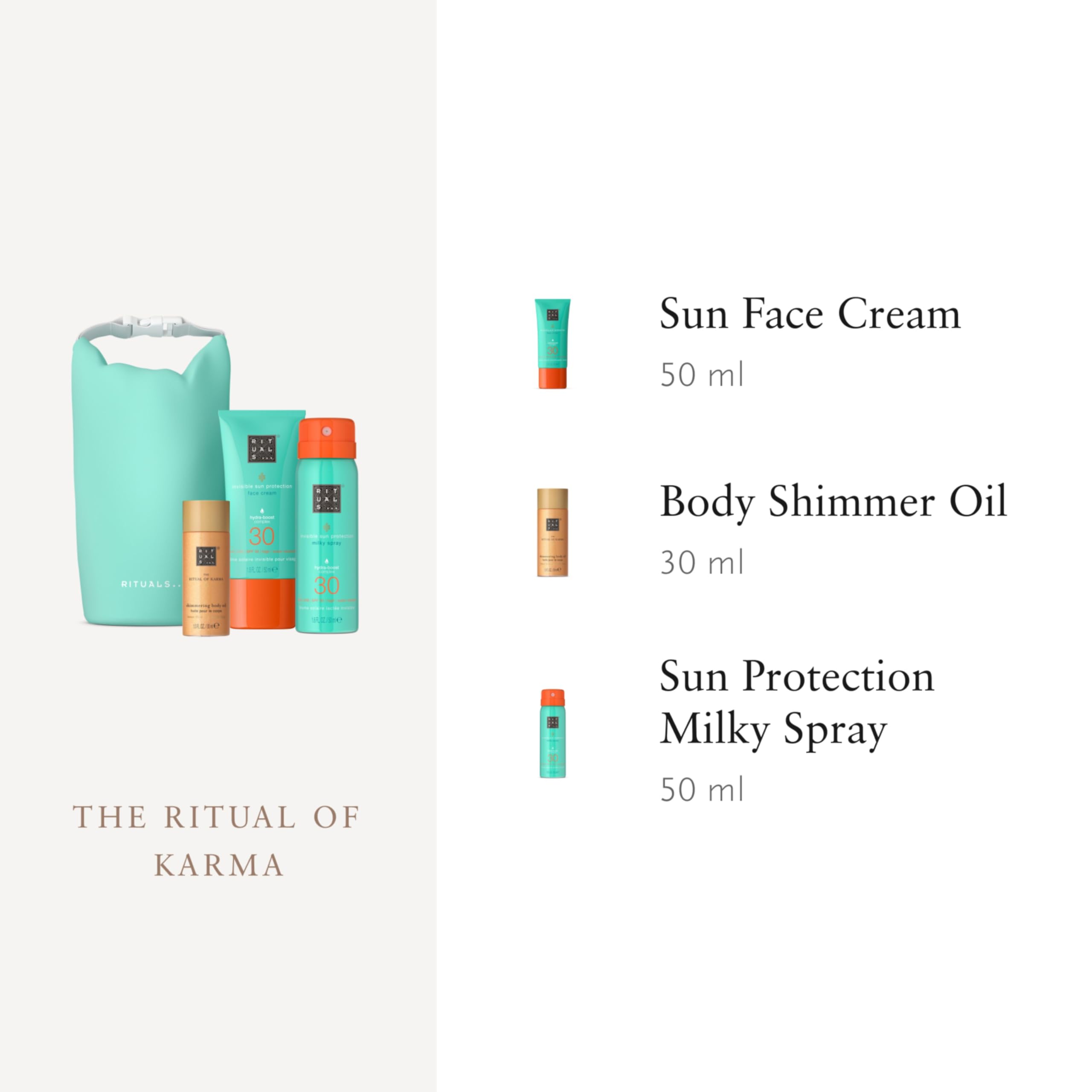 RITUALS The Ritual of Karma Sun Care Trio, SPF 30, Set de Regalo | Set regalo de lujo, esenciales baño y cuerpo, listo para regalar