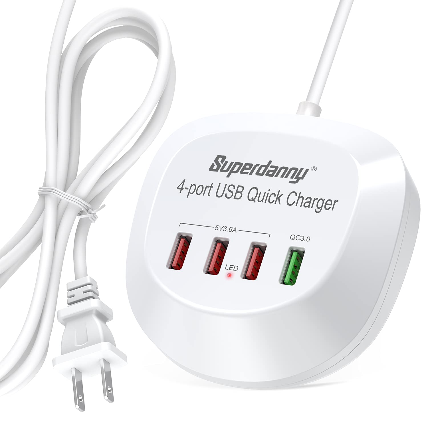 USB Charging Station, Quick Charge 3.0 USB Port SUPERDANNY 4 USB Charger Hub for Multiple Devices, 6ft Cord, Compatible with iPhone iPad Galaxy Cell Phone for Nightstand Travel, White