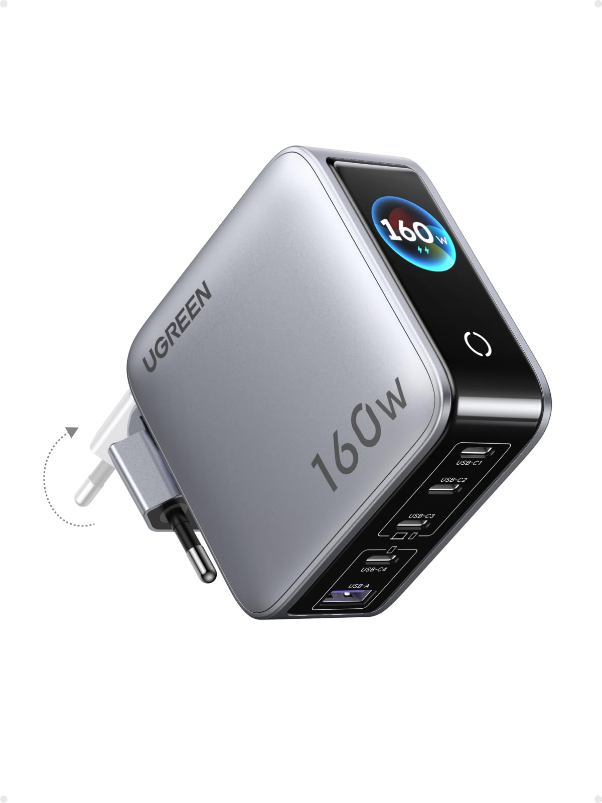 UGREEN Nexode Pro 160W Caricatore USB C Ricarica Rapido Schermo TFT PD 3.1 GaN II Alimentatore Multiplo Compatibile con iPhone 17 Pro Max Air 16 Galaxy S26 25 24 Ultra Pixel iPad MacBook M5 M4