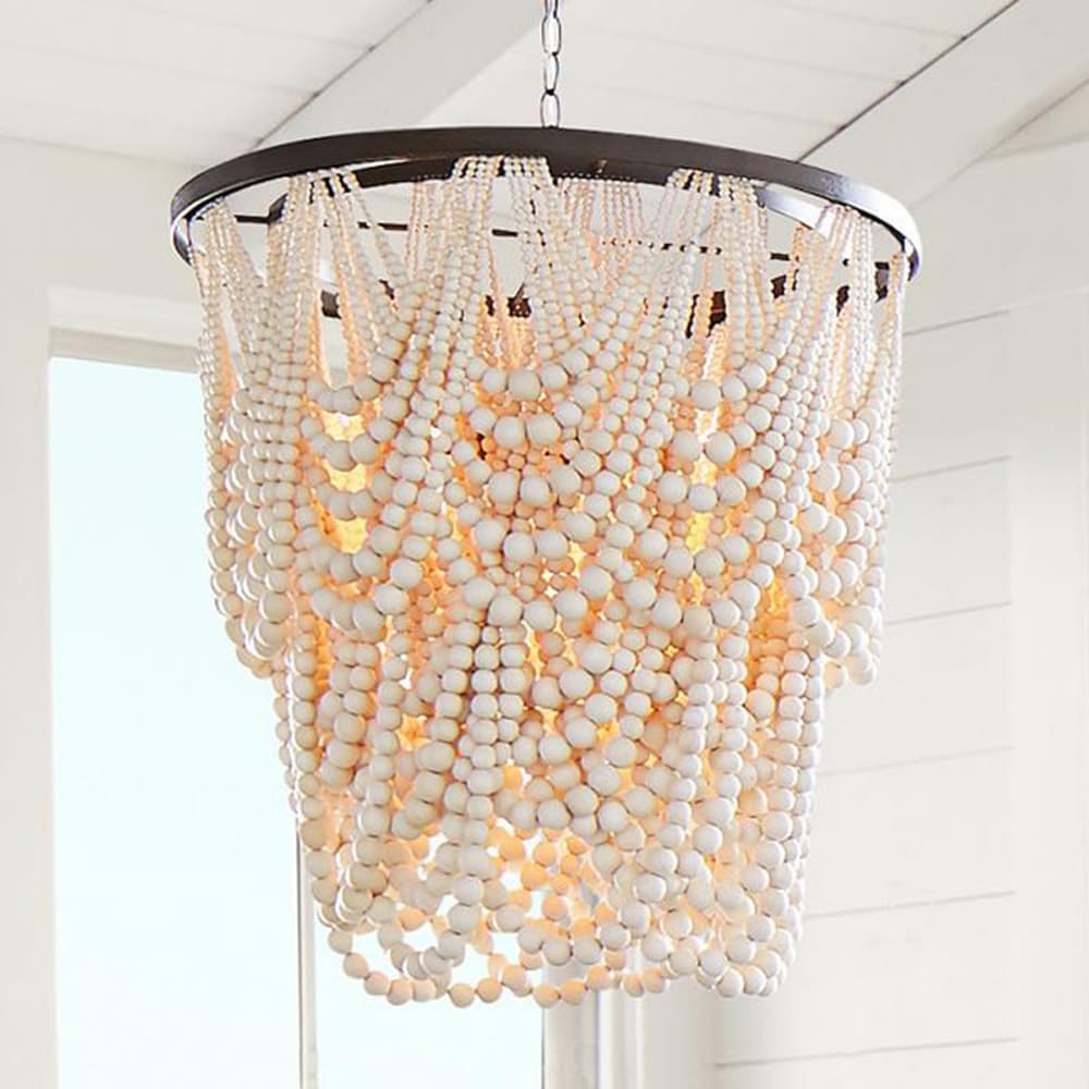 PLQWUJD Exquisite Chandelier Farmhouse Wood Beaded Chandeliers, Retro Antique Rustic Pendant Light Fixture for Foyer, Living Room, Bedroom,Kitchen,Dining Room,Wood Bead Hanging