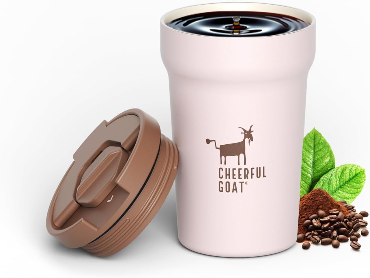 CHEERFUL GOAT Ceramic Lined Coffee Mug – Stainless Steel Travel insulated Tumbler with Ceramic Liner, with lid 12oz Leak Proof Cup for Hot and Cold Water Coffee at Home, Office, or In the Car (Coffee)