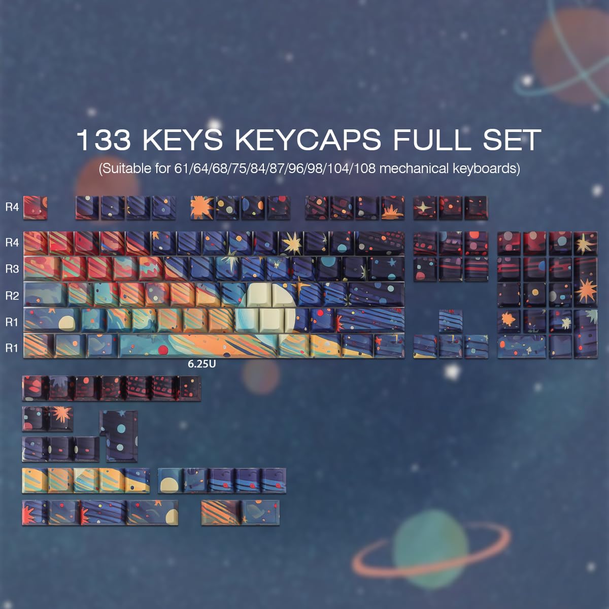 Tsungup Touches personnalisées, 131 touches PBT imprimées sur le côté ciel étoilé, profil Cherry pour claviers mécaniques Cherry MX (noir)