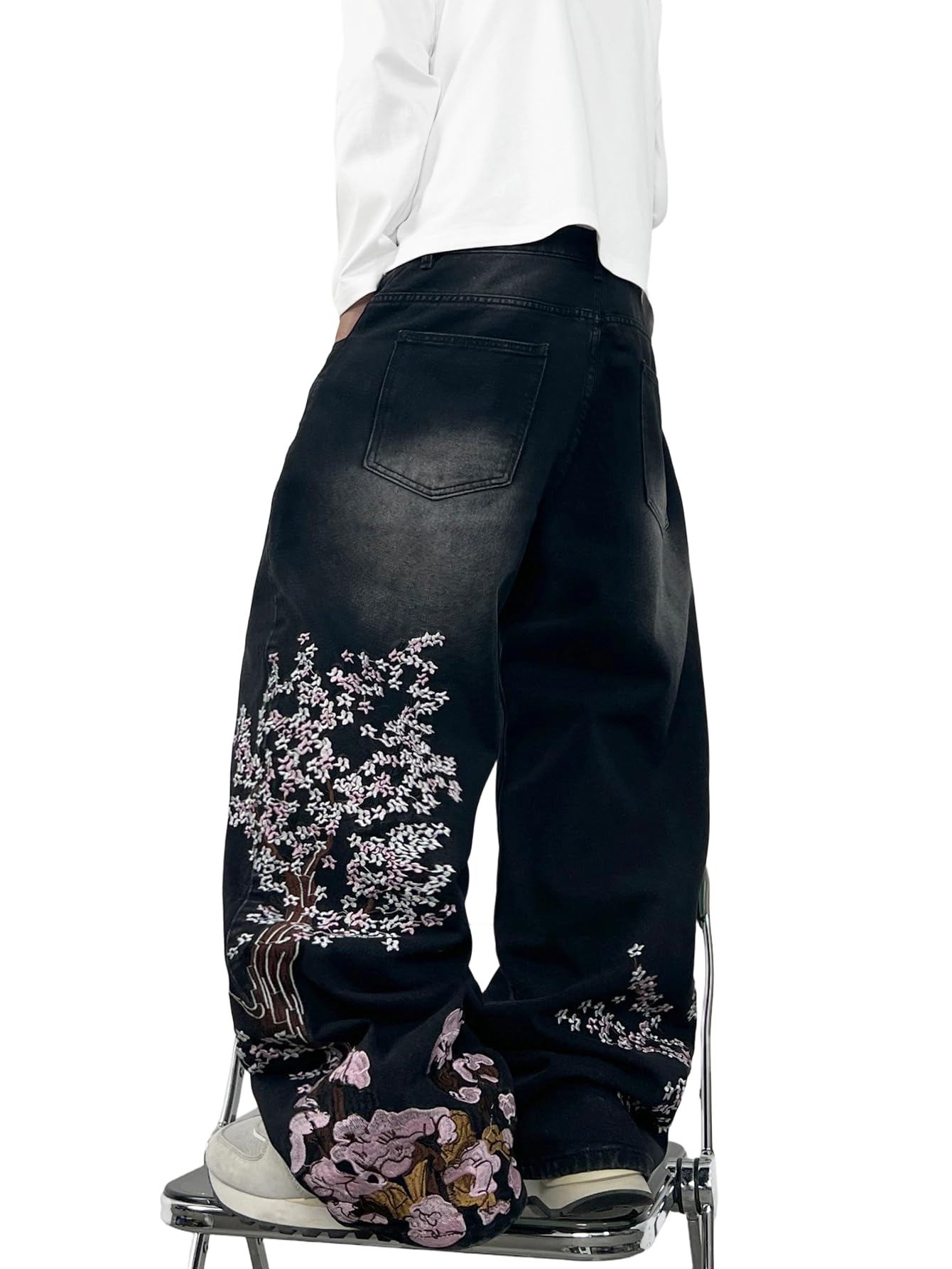 Jeans larghi da uomo con ricamo floreale, stile hip-hop, pantaloni in denim a gamba larga, streetwear