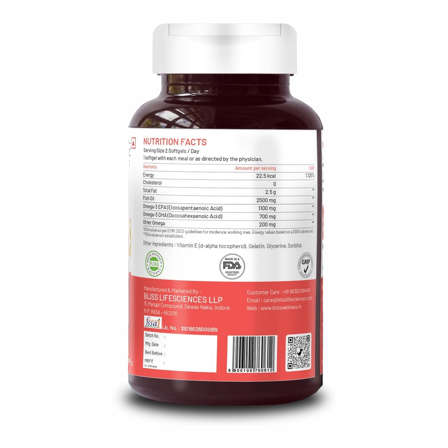 Bliss Wellness Omega -3 Arctic C Fish Oil Triple 3x Strength 2500mg | 1100mg EPA 700mg Dha 200mg Other Omega 3 6 9 Fatty Acid | Cold pressed molecular distilled fish wash for free for main women. Brain Heart Joint Eye Muscle Construction Skin Health Supplement - 60 Softgel Capsules
