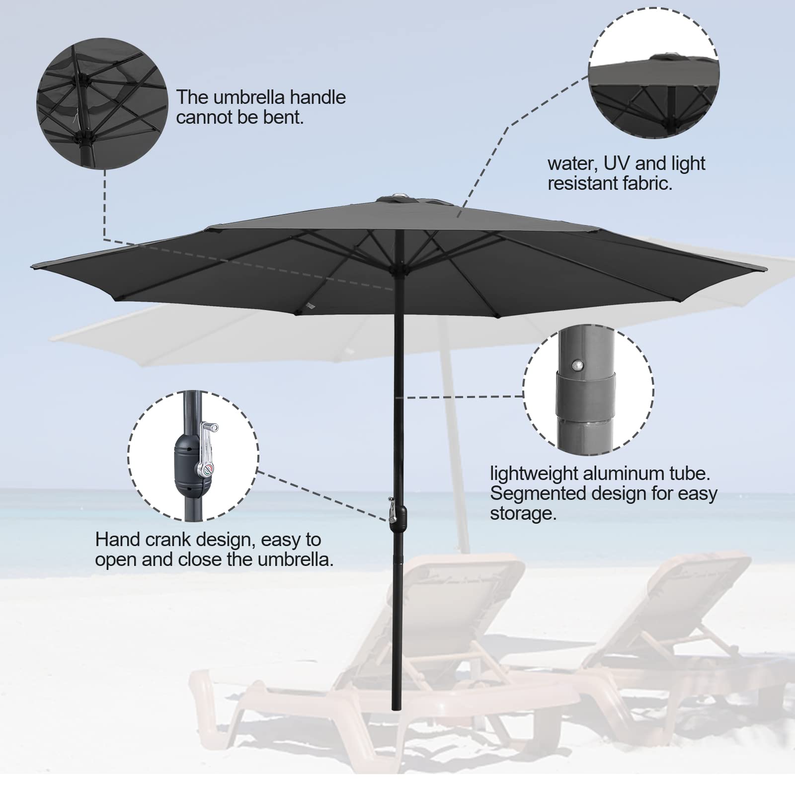 Sonnenschirm 270/350 cm, UV50+ Gartenschirm mit Handkurbel, 100% Polyester, 38 mm Mast, je nach Modell mit Solar-LED oder Neigefunktion, für Garten Terrasse Balkon, ohne Ständer