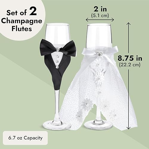 Miniatura 3 de Sparkle and Bash Copas de boda para novia y novio, 2 flautas de 8.75 pulgadas, en blanco y negro, modernas, copas de brindis de champán para regalos