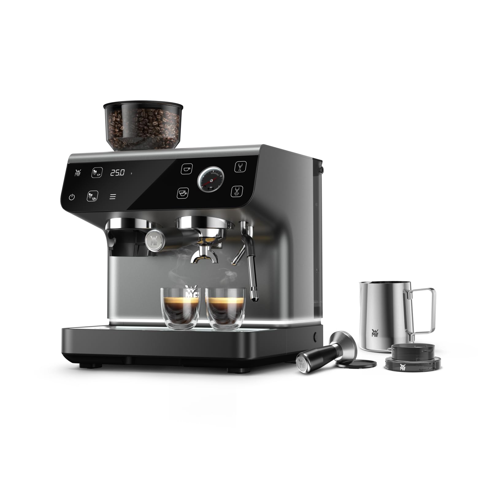 WMF Espresso Pro Siebträgermaschine, halbautomatische Espressomaschine mit Mahlwerk, 15 bar Druck, integrierte Waage, Doppel-Thermoblock Technologie, schnelles Erhitzen, Steingrau