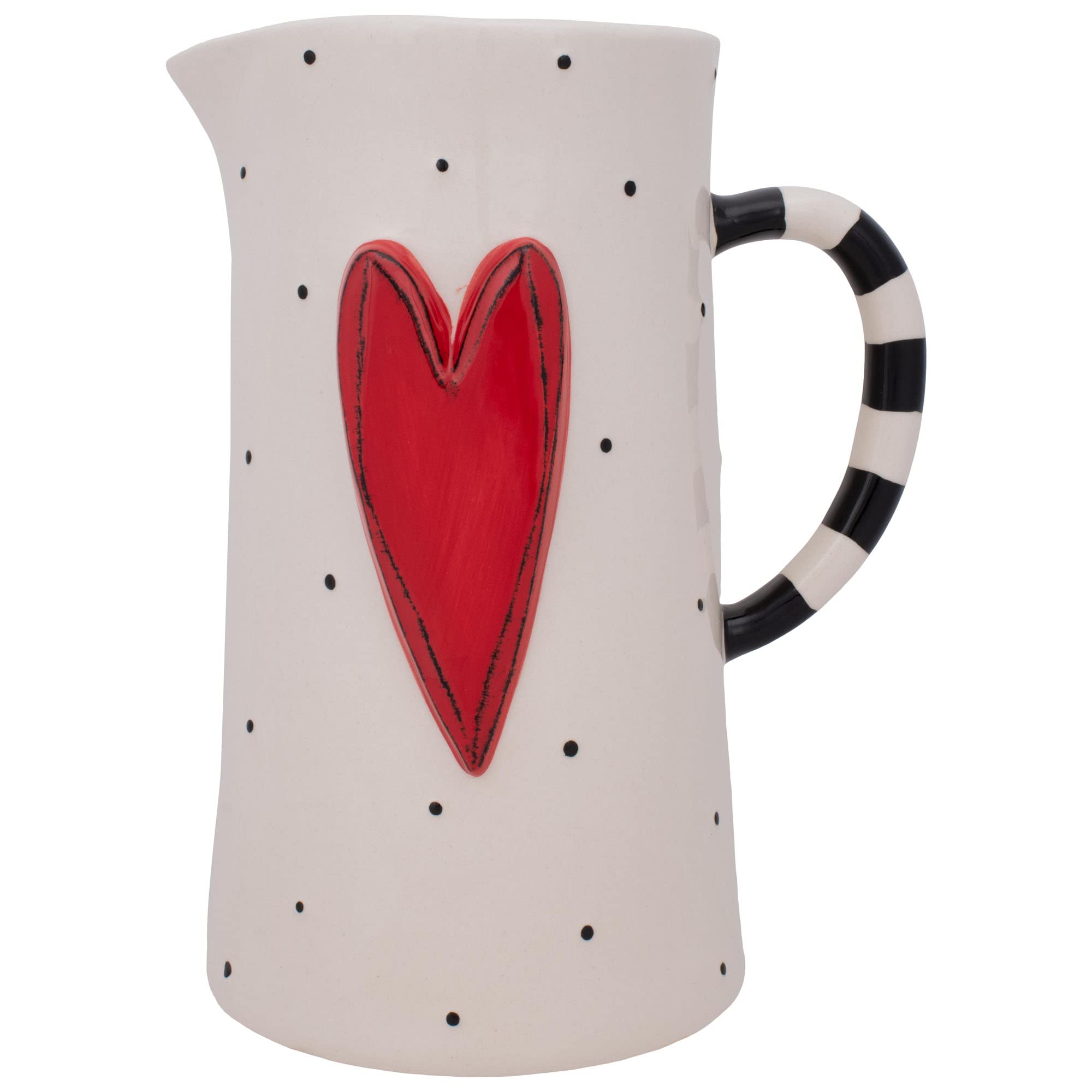 Demdaco Heart Dots Stripes Red and White 9.5 inch Ceramic Stoneware Pitcher