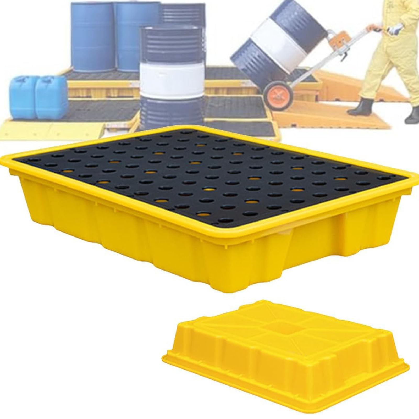 GYEQXKT Spill Containment Platform with Drain, Forklift Pockets, Stackable Modular Tray for Safe Barrel Storage, Leak-Proof Base