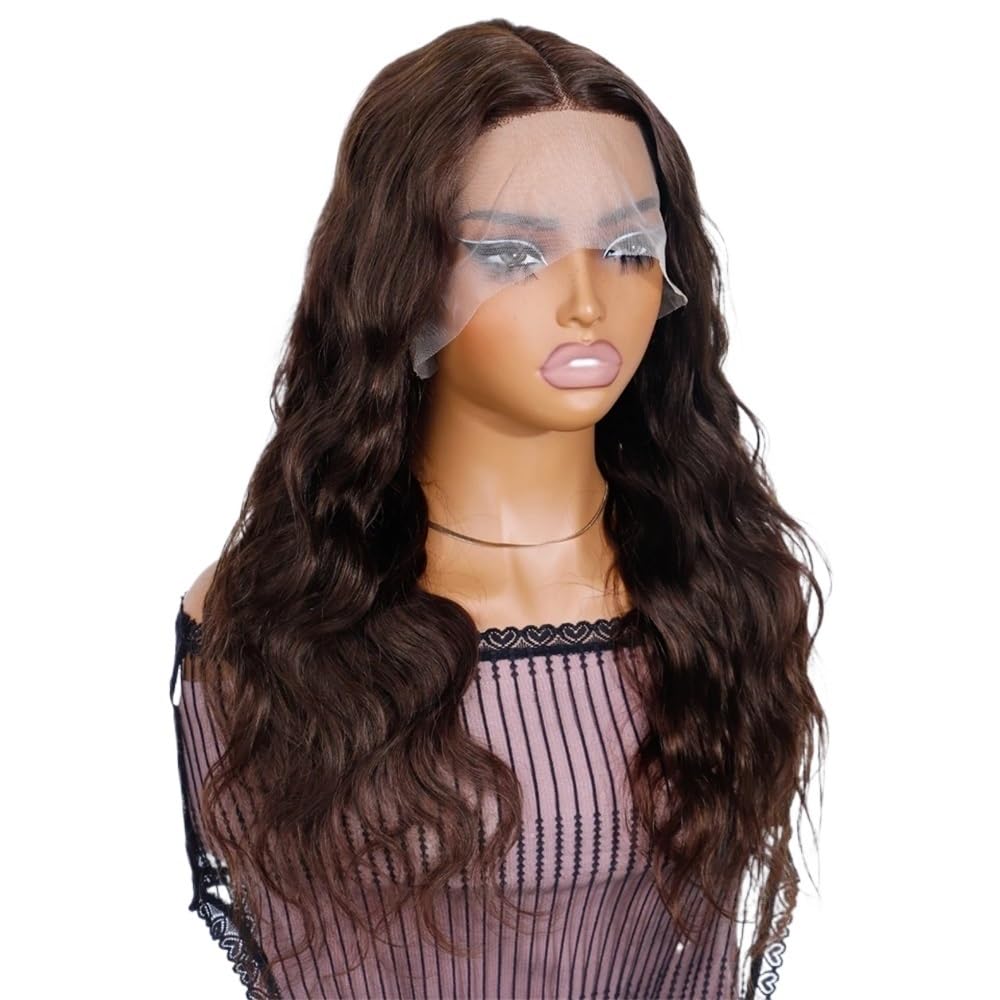 Hair Wigs peruka z ludzkich włosów długie faliste 13x1 T z koronkowym przodem dla kobiet bez kleju, brazylijski Remy peruki dla kobiet peruki (ciemny brąz, 24 cale)
