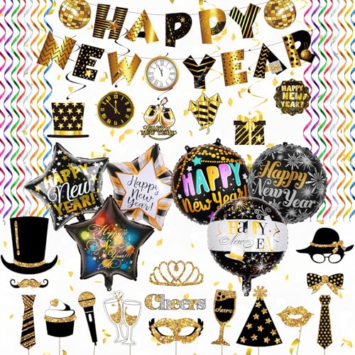Waziwe Silvester Deko 2026 Happy New Year 2026 silvester deko 2026 party set umfasst Happy New Year GirlandeLuftschlangen TischdekoLuftballons SilvesterHänge Dekoration