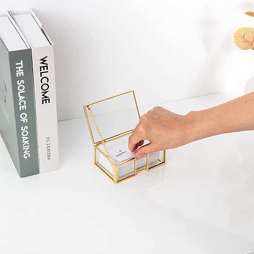 Miniatura 4 de Feyarl Caja de tarjetas de presentación de vidrio dorado transparente con tapa, organizador de tarjetas de nombre, contenedor de almacenamiento para