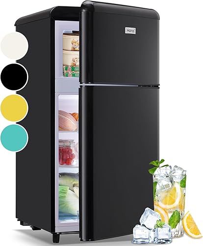 WANAI Mini refrigerador retro de 3.5 pies cúbicos con congelador, refrigeradores compactos, nevera pequeña negra, refrigerador clásico de doble