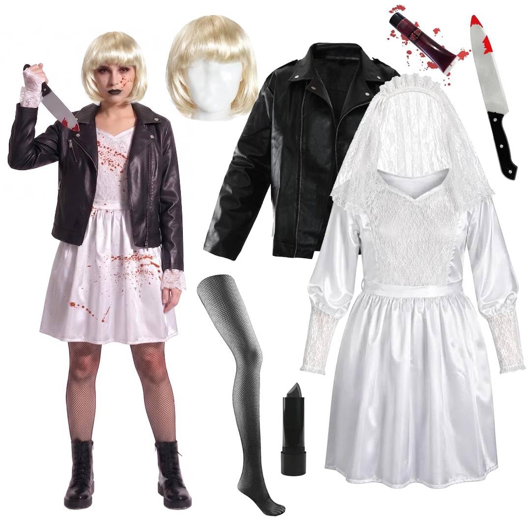 Ladies 7 Piece Killer Doll Bride Halloween Costume Set Wig Fake Blood - S