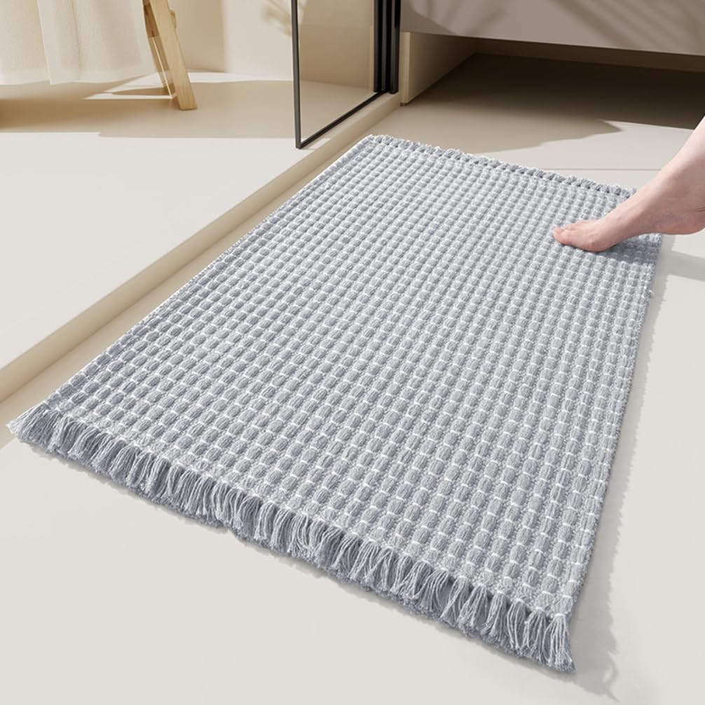 Soft Microfiber Farmhouse Bathroom Rug Washable Kitchen Mats Woven Non Slip Small Bath Mat with Pure Tassels,Tufted Braided Bath Rug for Entryway Doormat Laundry Room(20" X 32",Grey Gray)