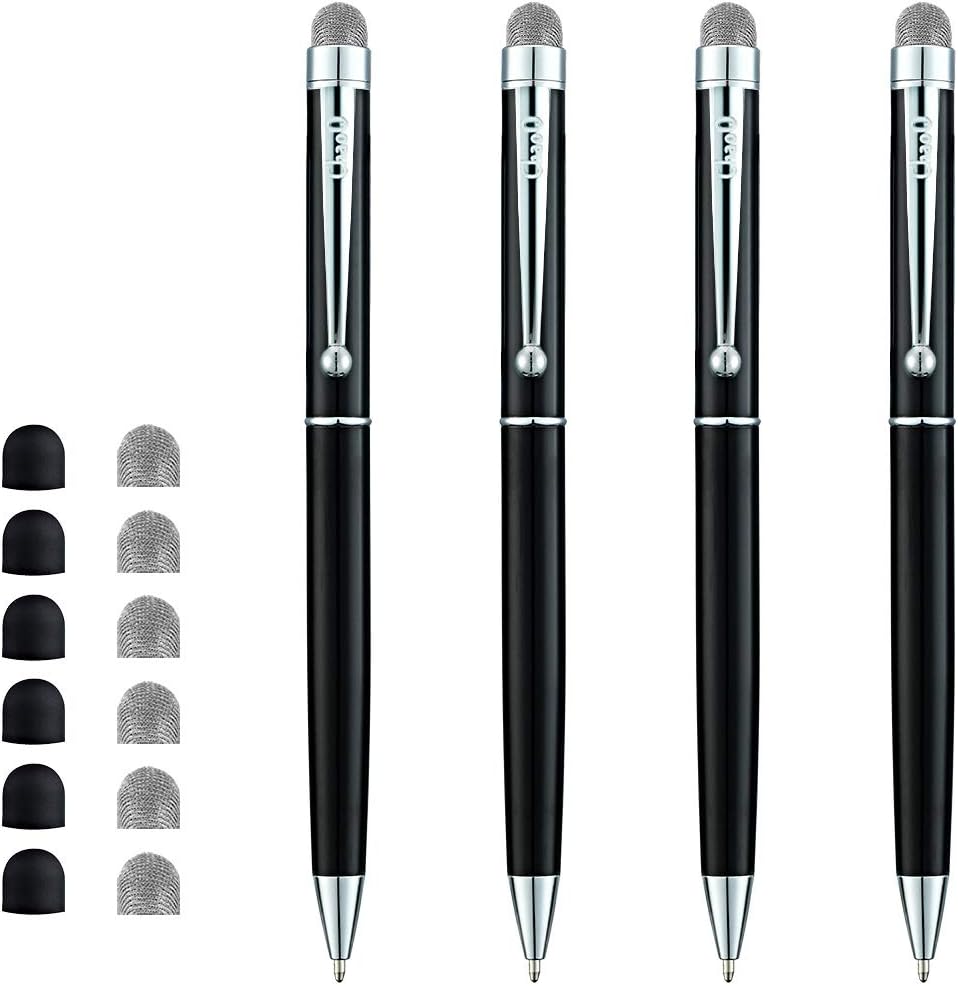 ChaoQHybrid Mesh Fiber Stylus Ballpoint Pens (Black Ink), for Touch Screens Devices, with 6 Replaceable Mesh Tips and 6 Replaceable Rubber Tips (4 Pack/Black)
